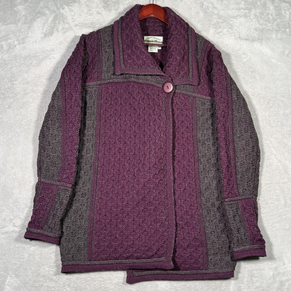 Aran Crafts Sweater Womens M Purple Merino Wool Cable Knit Cardigan One Button